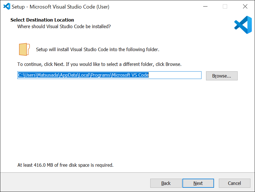 On the "Specify the installation location" screen, select your preferred folder.
