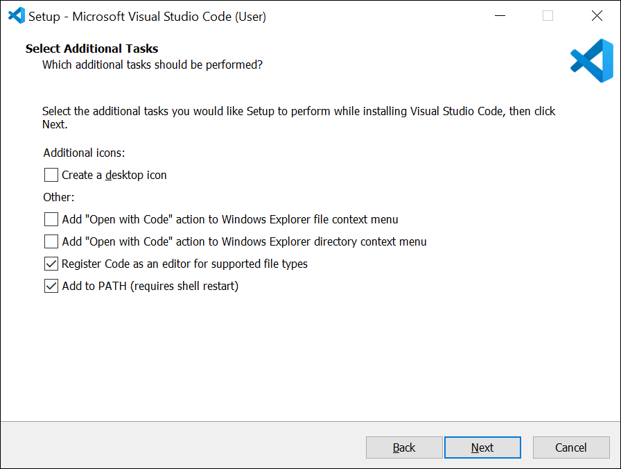 On the "Select Additional Tasks" screen, check the following options: "Register Code as the default editor for supported file types" (second option from the bottom) "Add to PATH (available after restarting)" (bottom option)
