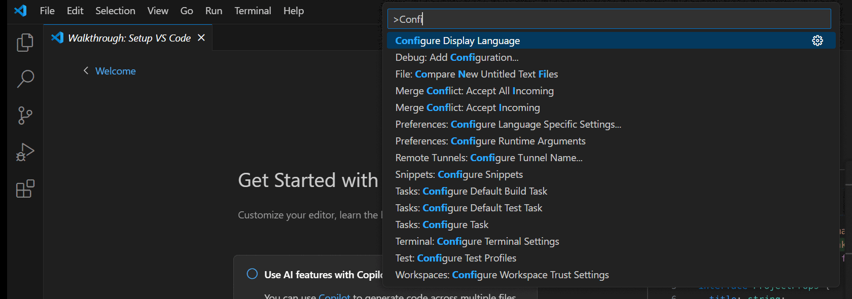 Type "Confi" in the input field and select "Configure Display Language."