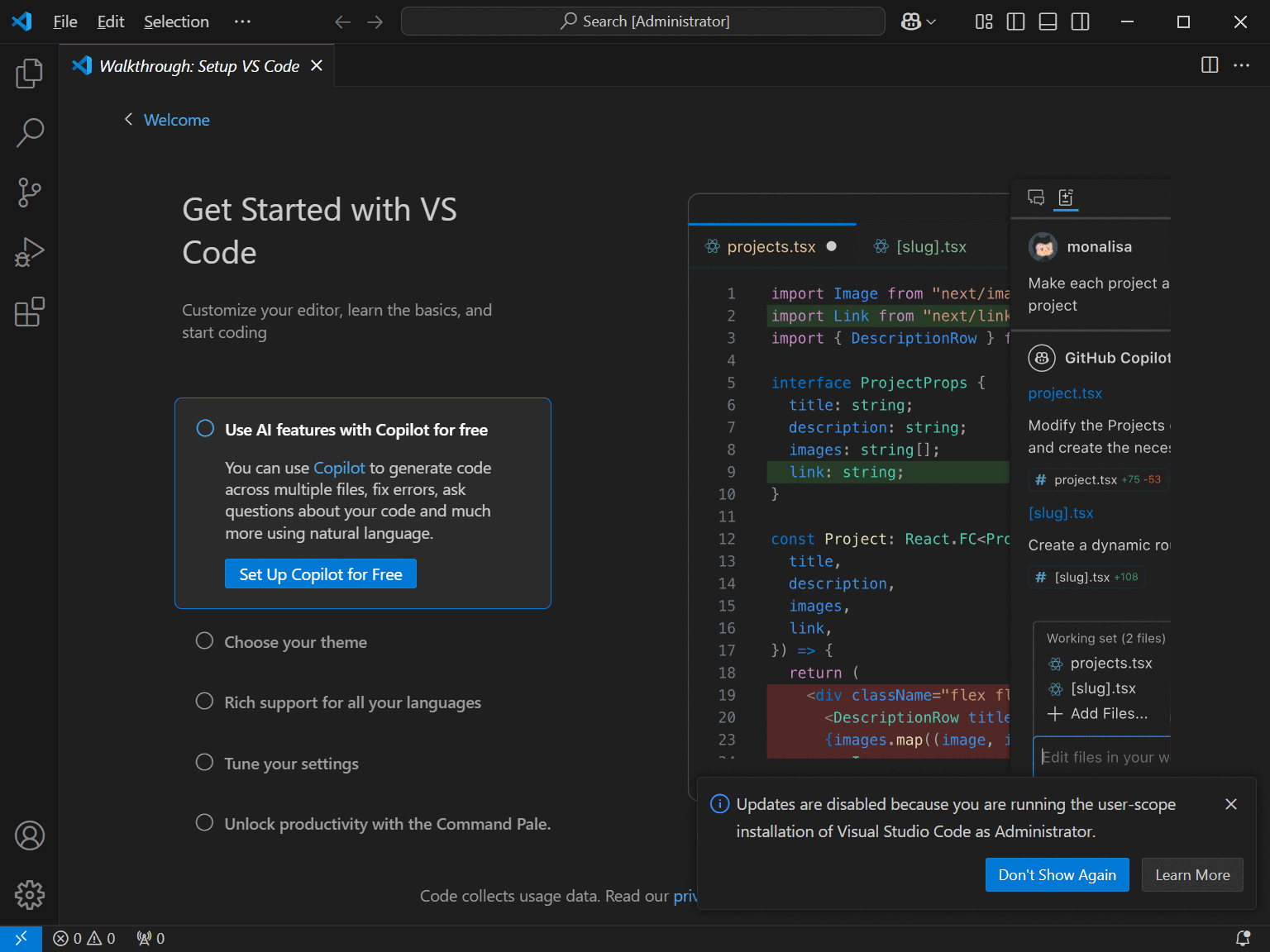 Click "Restart" to apply the language settings and relaunch VS Code in Japanese.